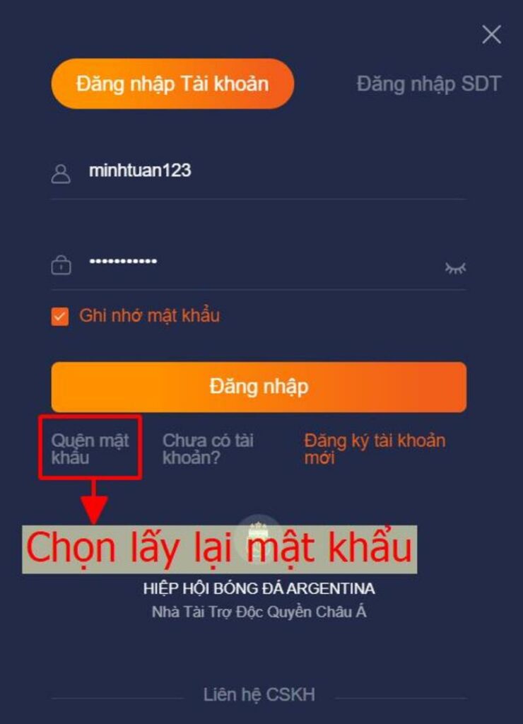 Chọn lấy lại mật khẩu